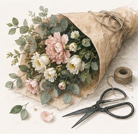 Bouquet couché dans un papier kraft noué de ficelle, à côté d’une paire de ciseaux.