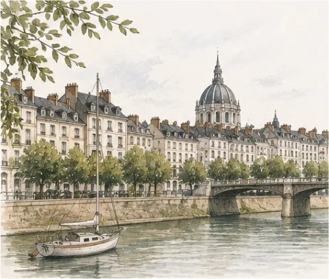 Les quais de la Loire à Nantes, un voilier amarré devant les façades claires et le dôme.