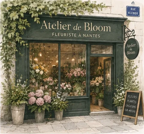 La devanture vert sombre de l’Atelier de Bloom, rue Kléber, encadrée de lierre et de pots de fleurs.