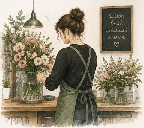 Une fleuriste en tablier compose un bouquet sur l’établi de l’atelier, devant des bocaux de fleurs.