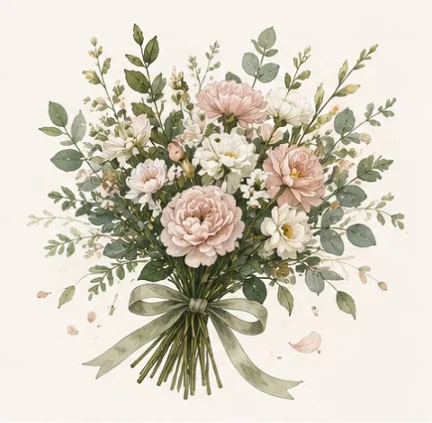 Bouquet rond de pivoines roses et de fleurs blanches, noué d’un large ruban vert.